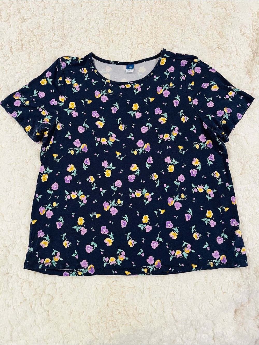 Old Navy Navy Floral Crewneck Tee with Purple, Yellow & Green